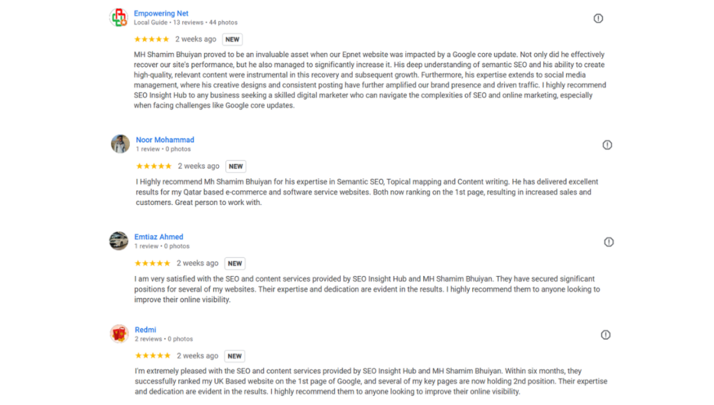 Client Success Stories and Reviews of Shamim's SEO Services SEO Insight Hub