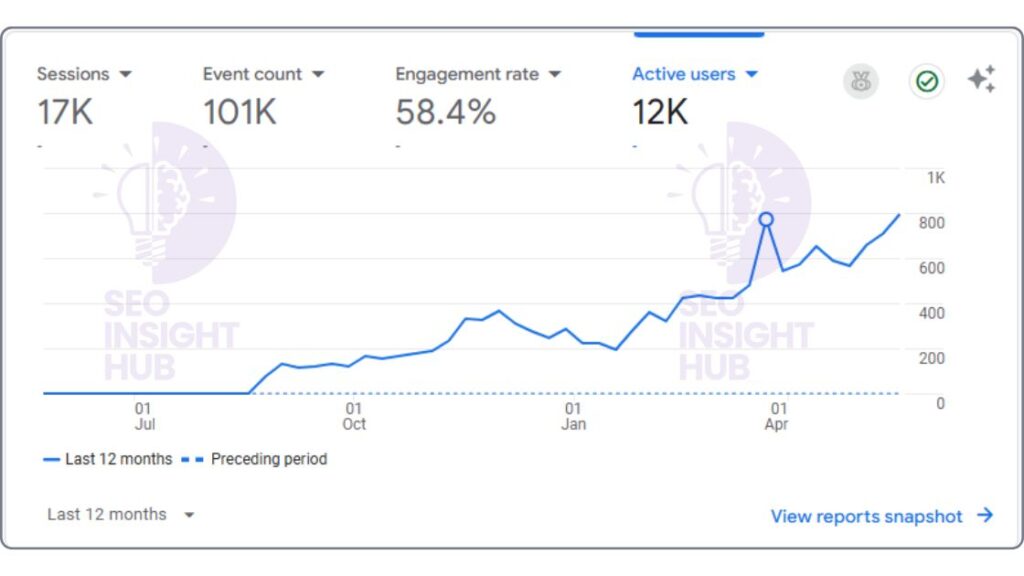 Google Analytics graph showing increasing active users over 12 months.